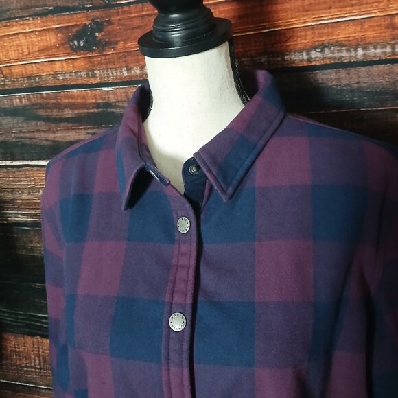 Orvis Jacket XL Fleece Lined Flannel Snap Front Purple Navy Checked Chore Coat - Picture 3 of 13